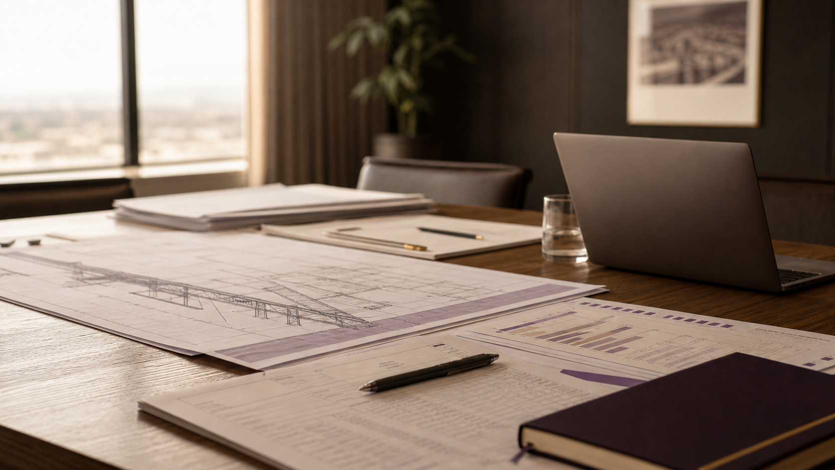 Infrastructure planning and financial analysis documents on a boardroom table